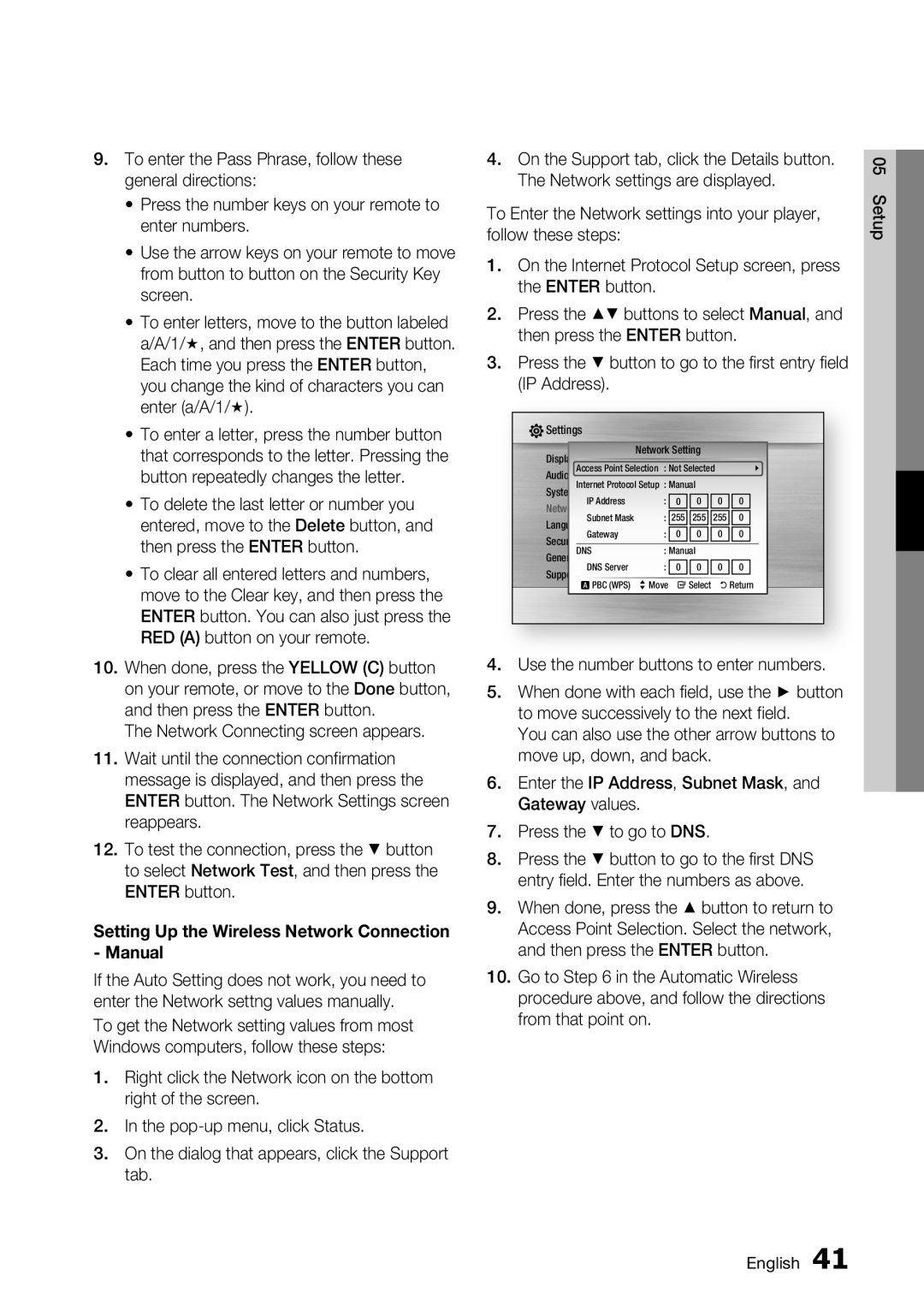 Samsung BD-C7500 user manual Setting Up the Wireless Network Connection Manual, Use the number buttons to enter numbers 