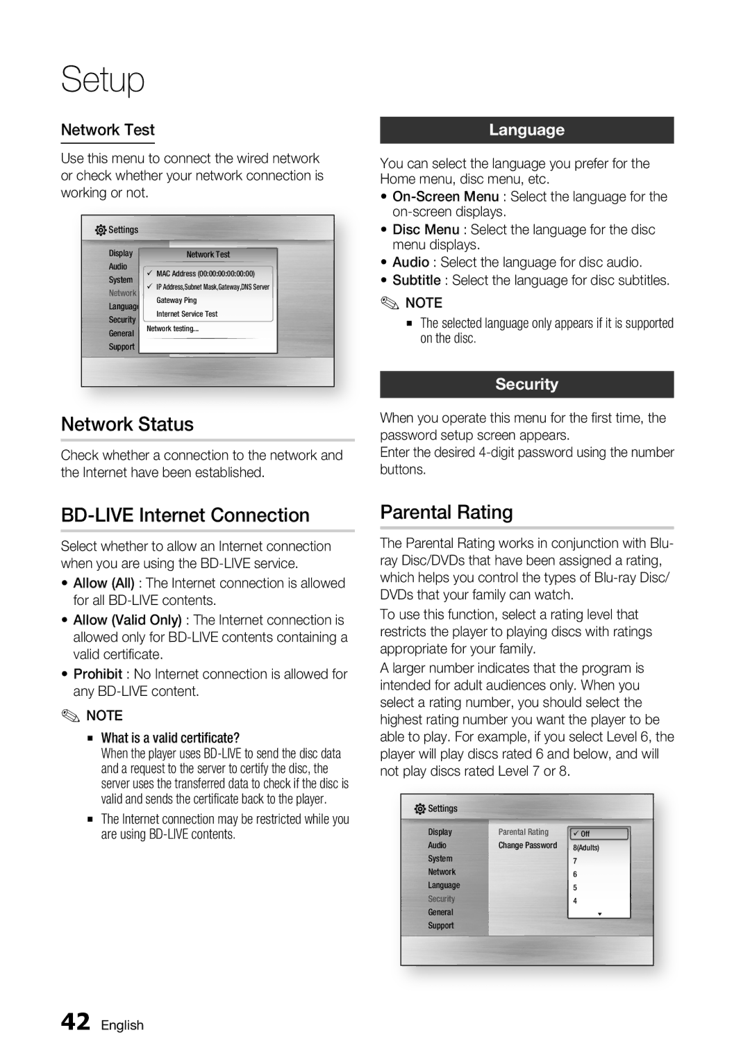 Samsung BD-C7500 user manual Network Status, BD-LIVE Internet Connection, Parental Rating, Language, Security 