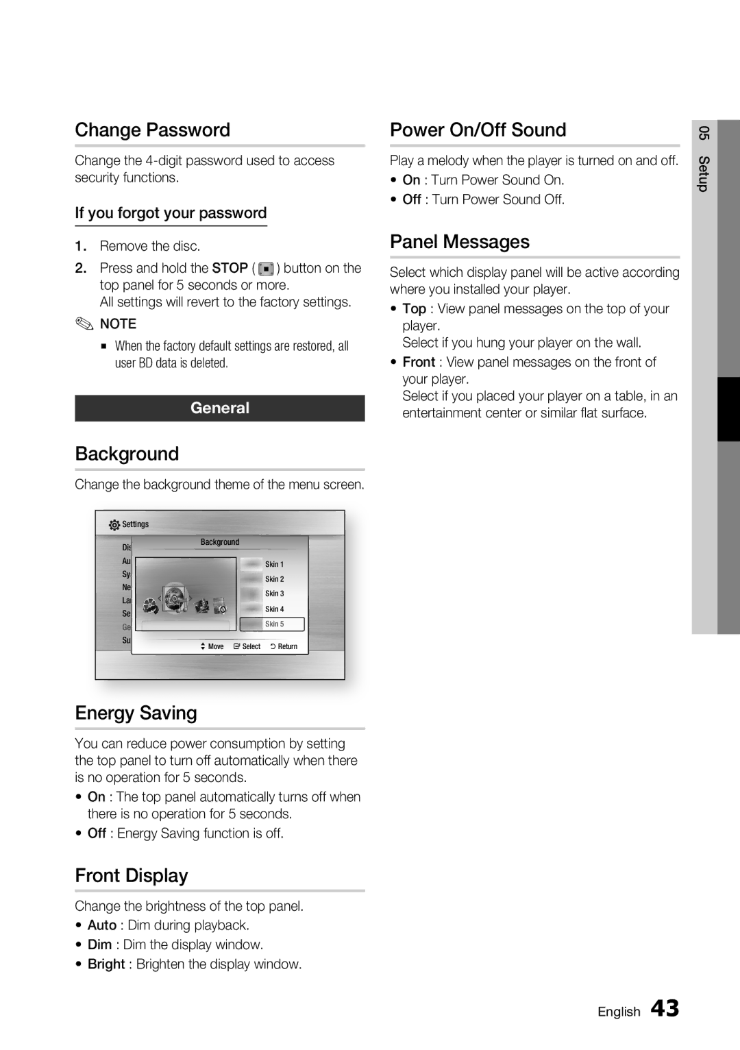 Samsung BD-C7500 user manual Change Password, Background, Energy Saving, Front Display, Power On/Off Sound, Panel Messages 