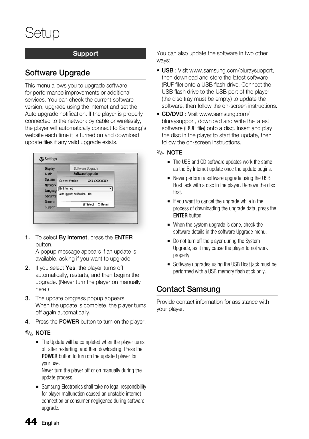 Samsung BD-C7500 user manual Software Upgrade, Contact Samsung, Support 