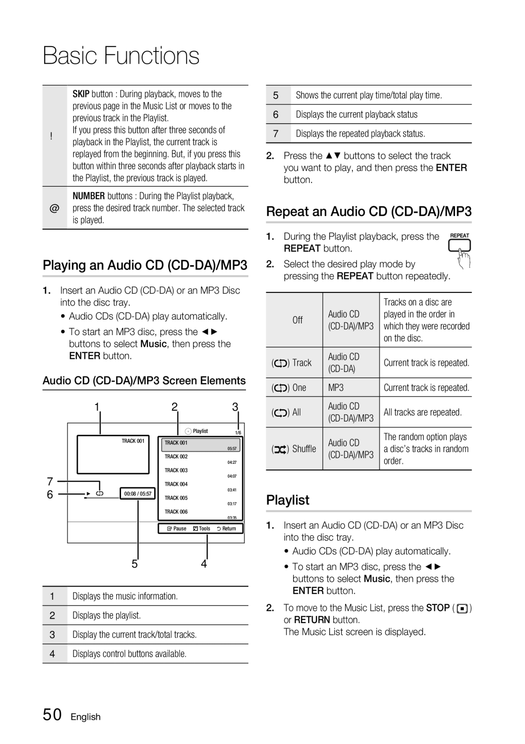 Samsung BD-C7500 Playing an Audio CD CD-DA/MP3, Repeat an Audio CD CD-DA/MP3, Playlist, Audio CD CD-DA/MP3 Screen Elements 