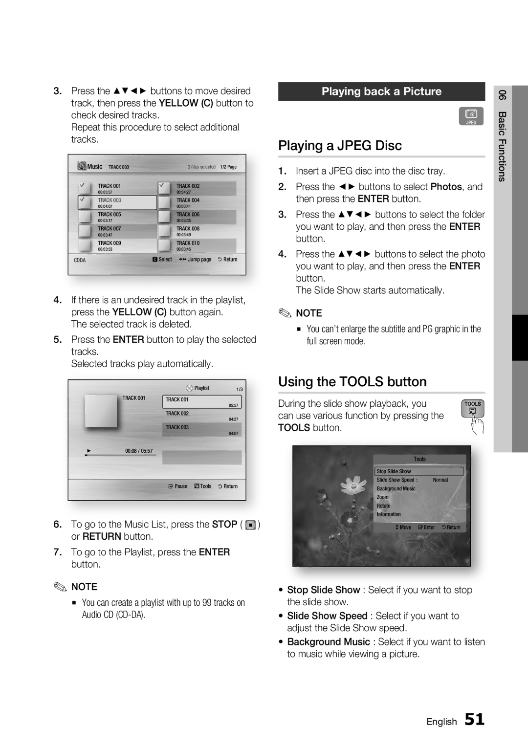 Samsung BD-C7500 user manual Playing a Jpeg Disc, Using the Tools button, Playing back a Picture 