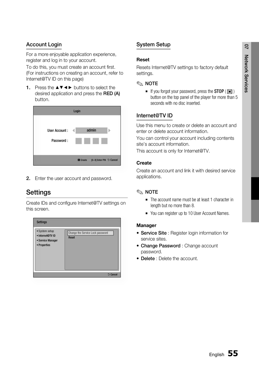 Samsung BD-C7500 user manual Settings, Account Login, System Setup, Internet@TV ID 