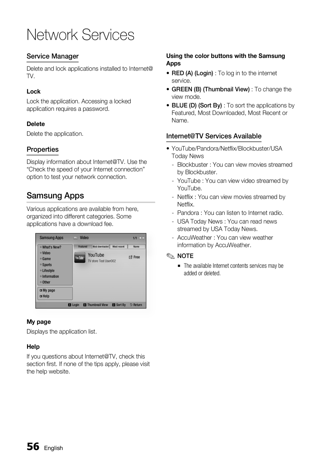 Samsung BD-C7500 user manual Samsung Apps, Service Manager, Properties, Internet@TV Services Available 