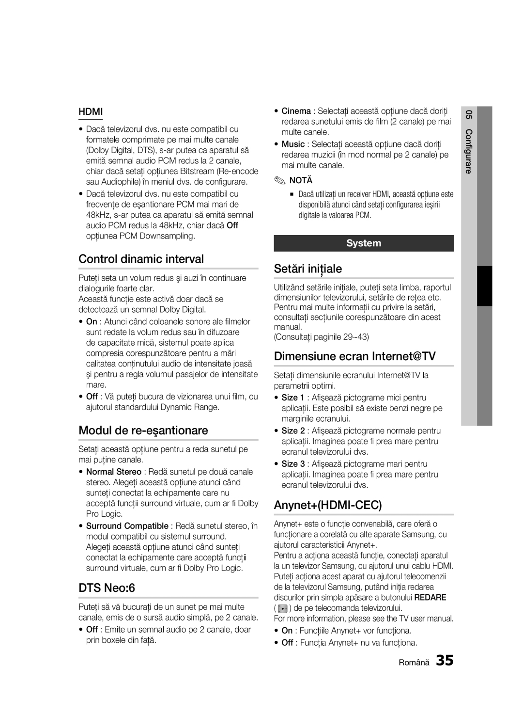 Samsung BD-C7500/EDC Control dinamic interval, Modul de re-eşantionare, Setări iniţiale, Dimensiune ecran Internet@TV 