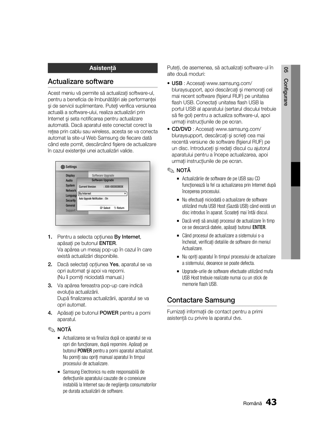 Samsung BD-C7500/EDC manual Actualizare software, Contactare Samsung, Asistenţă 