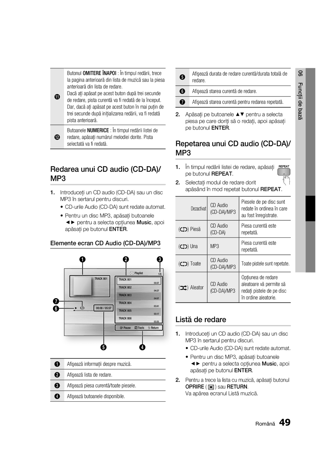 Samsung BD-C7500/EDC manual Redarea unui CD audio CD-DA/ MP3, Repetarea unui CD audio CD-DA/ MP3, Listă de redare 