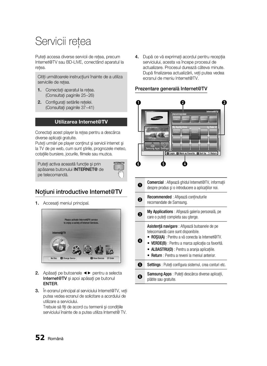 Samsung BD-C7500/EDC manual Servicii reţea, Noţiuni introductive Internet@TV, Utilizarea Internet@TV, 52 Română 