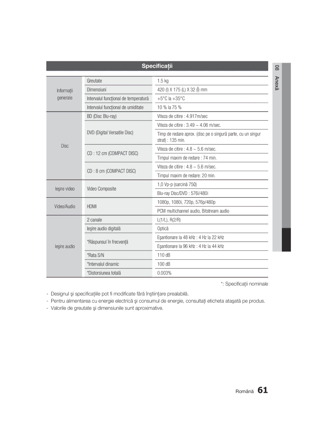 Samsung BD-C7500/EDC manual Specificaţii 