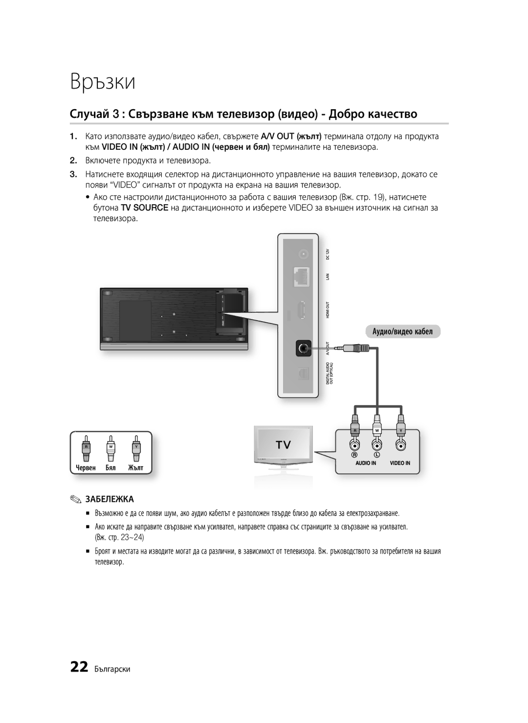 Samsung BD-C7500/EDC manual Случай 3 Свързване към телевизор видео Добро качество, 22 Български, Червен Бял Жълт 