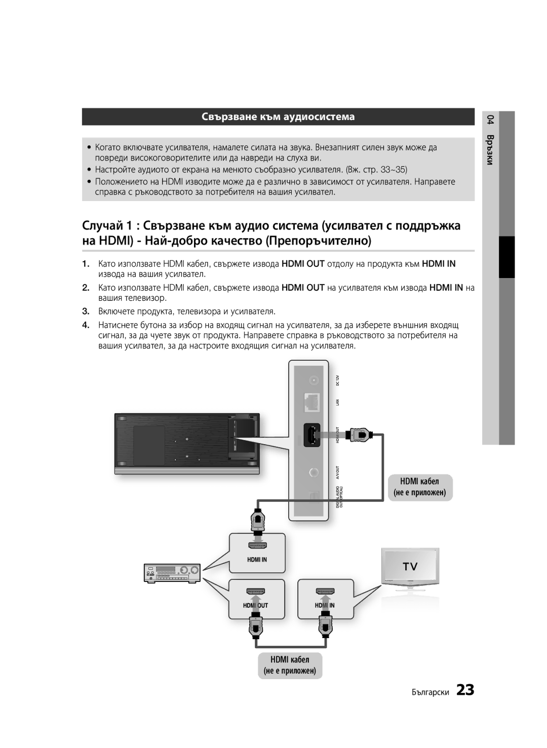 Samsung BD-C7500/EDC manual Свързване към аудиосистема, Hdmi кабел Не е приложен, 04 Връзки Български 