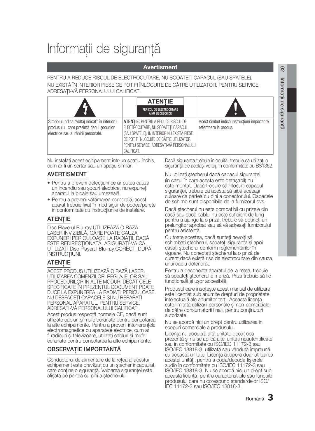 Samsung BD-C7500/EDC manual Informaţii de siguranţă, Avertisment, Referitoare la produs, Electrice sau al rănirii personale 