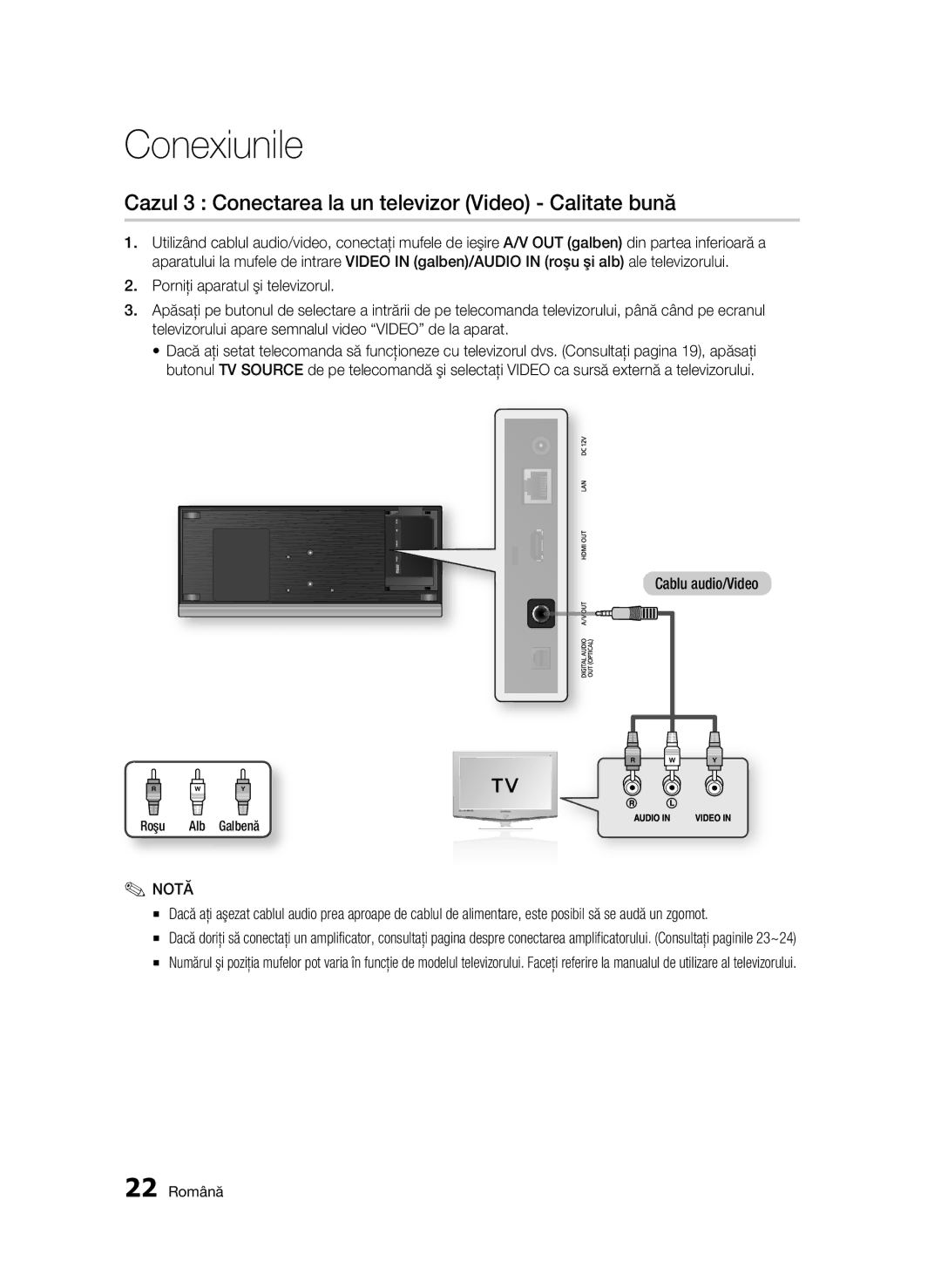 Samsung BD-C7500/EDC manual Cazul 3 Conectarea la un televizor Video Calitate bună, 22 Română, Roşu Alb Galbenă 