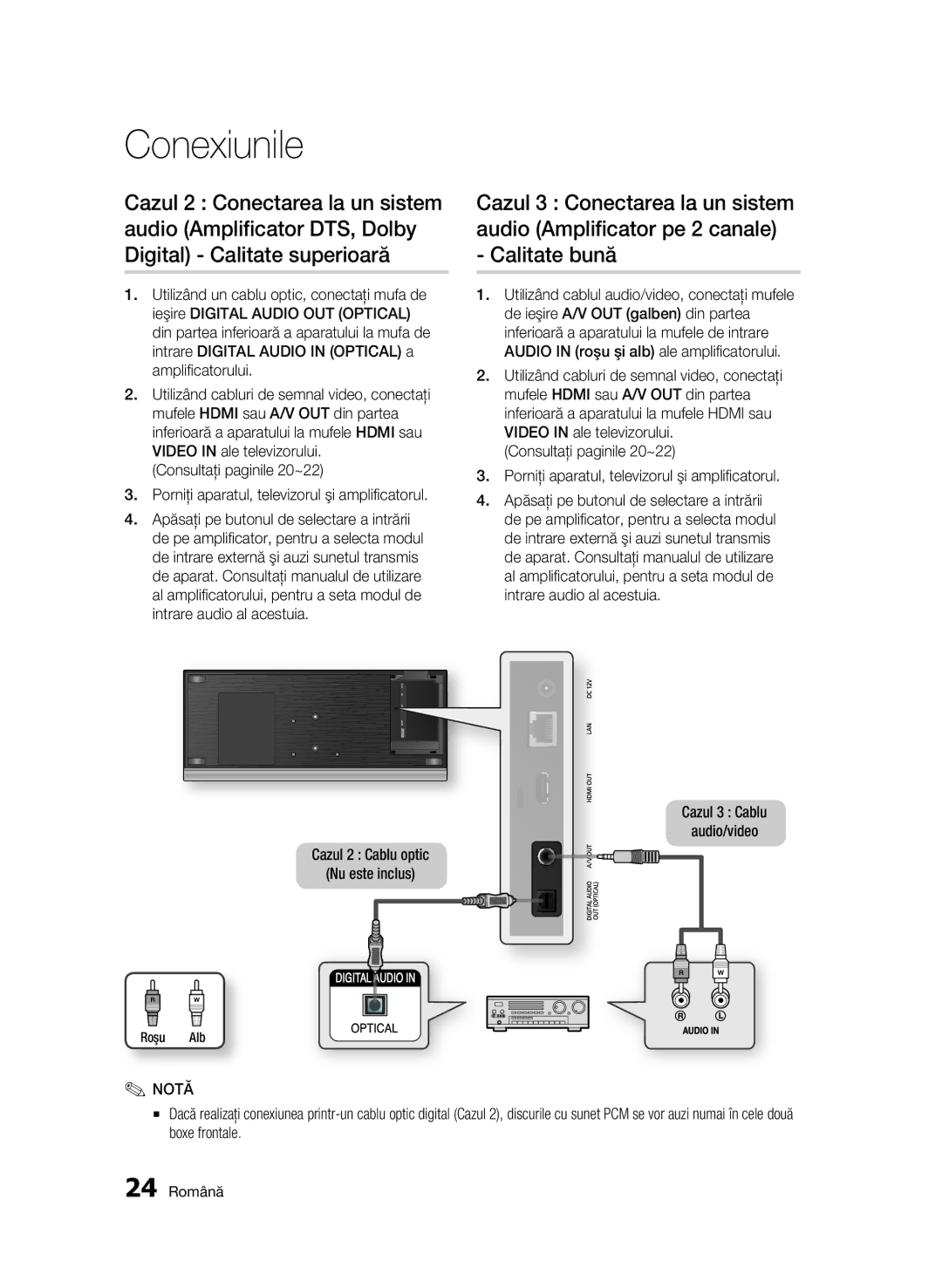 Samsung BD-C7500/EDC manual Cazul 2 Cablu optic Nu este inclus, Cazul 3 Cablu Audio/video, 24 Română 