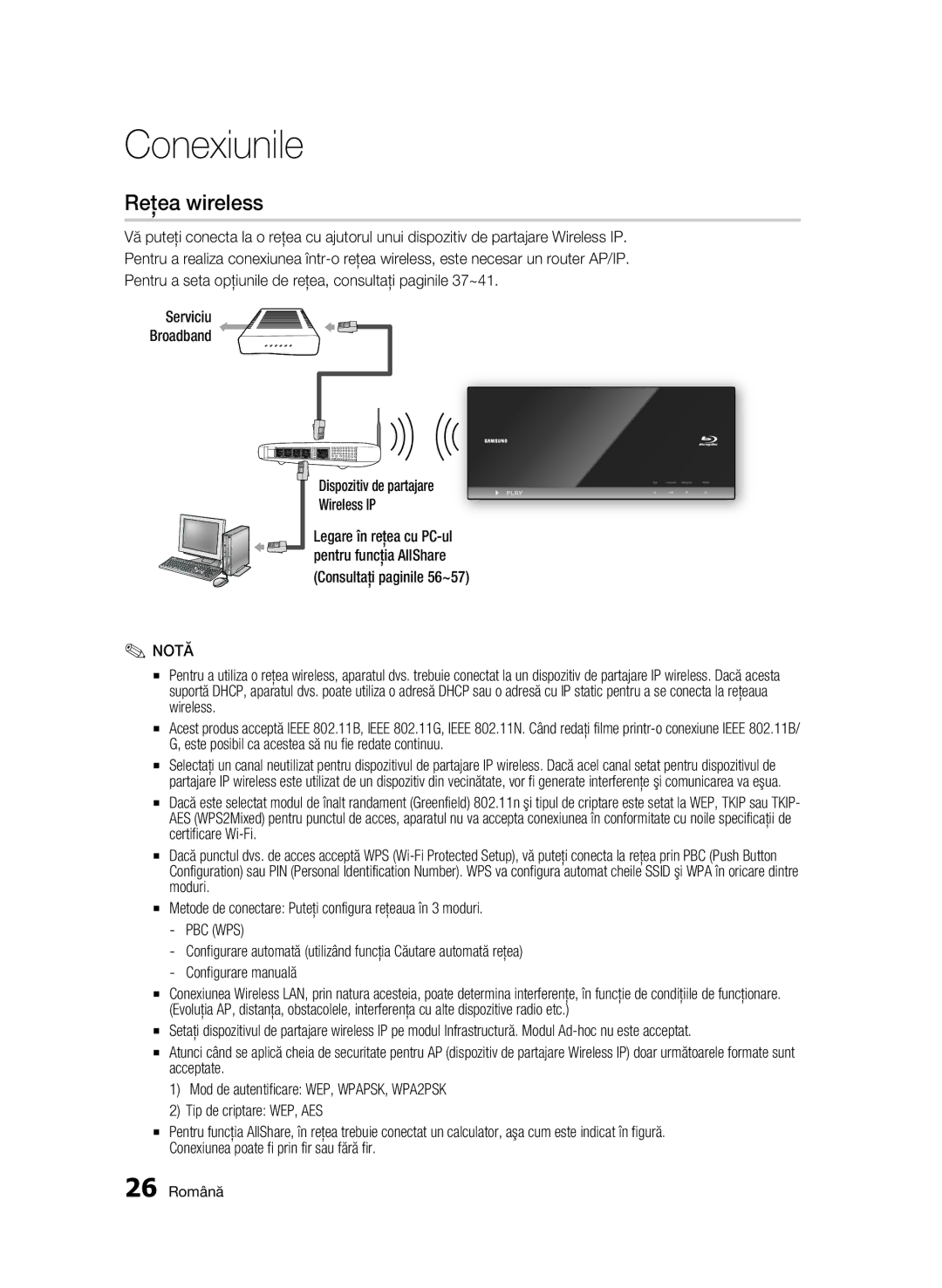 Samsung BD-C7500/EDC manual Reţea wireless, 26 Română 