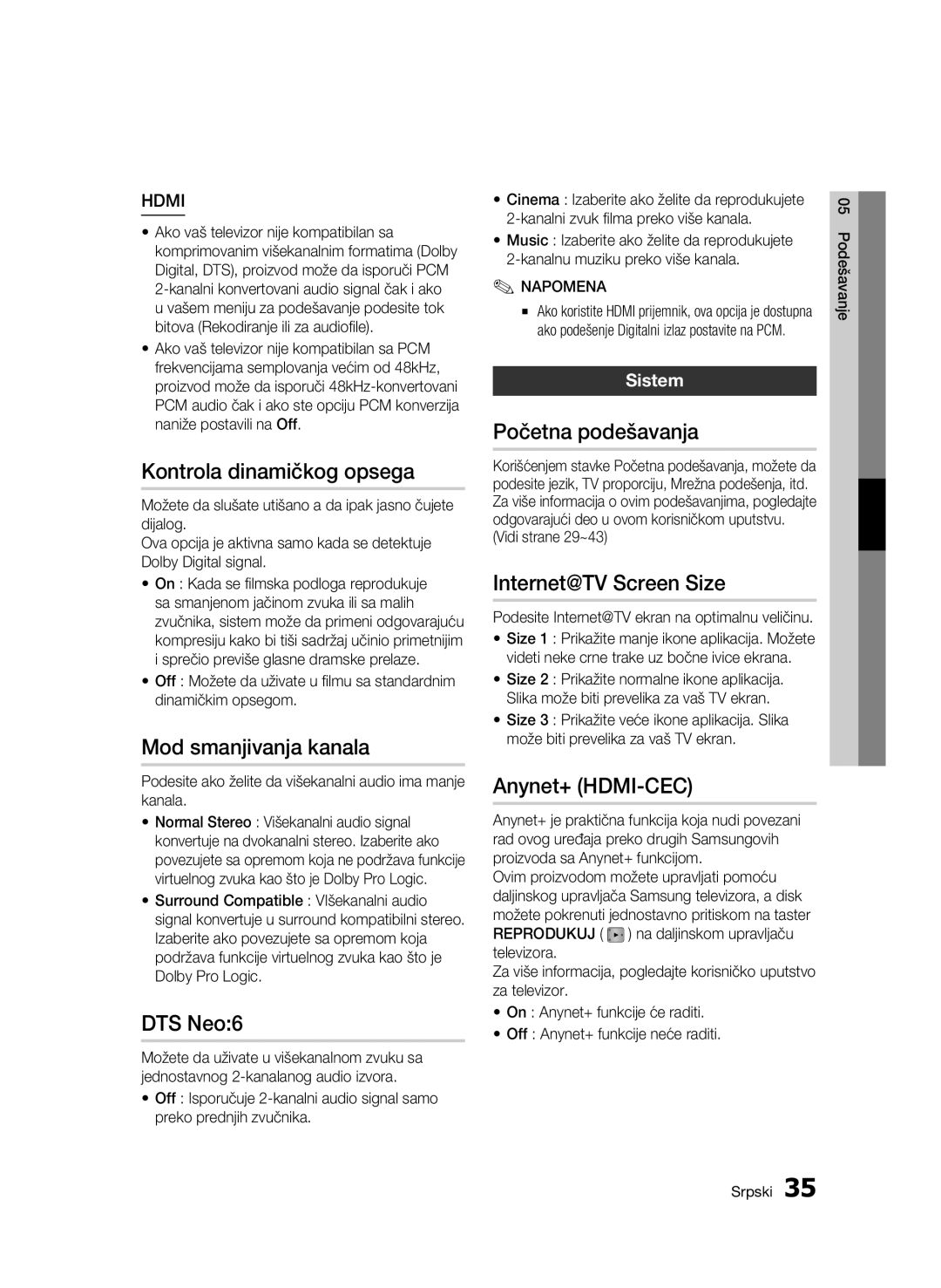 Samsung BD-C7500/EDC Kontrola dinamičkog opsega, Mod smanjivanja kanala, Početna podešavanja, Internet@TV Screen Size 