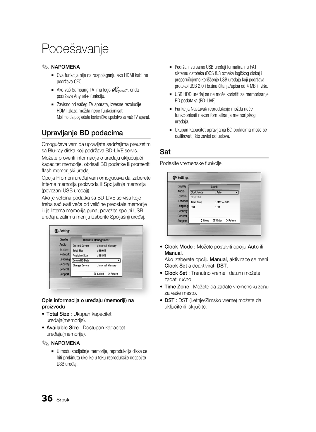 Samsung BD-C7500/EDC manual Upravljanje BD podacima, Podesite vremenske funkcije 