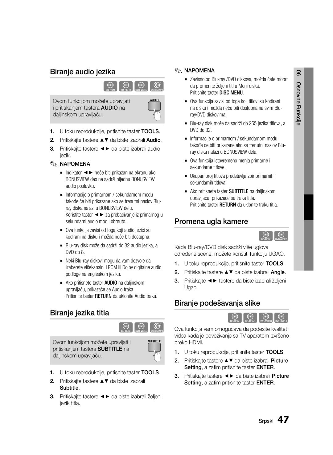 Samsung BD-C7500/EDC manual Biranje audio jezika, Biranje jezika titla, Promena ugla kamere, Biranje podešavanja slike 