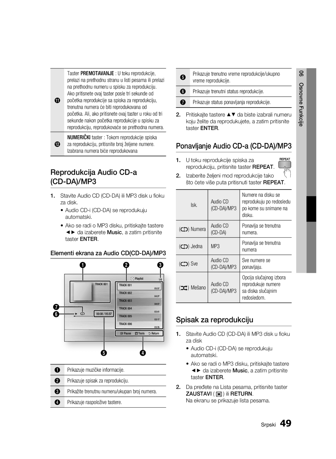 Samsung BD-C7500/EDC manual Reprodukcija Audio CD-a CD-DA/MP3, Spisak za reprodukciju, Elementi ekrana za Audio CDCD-DA/MP3 