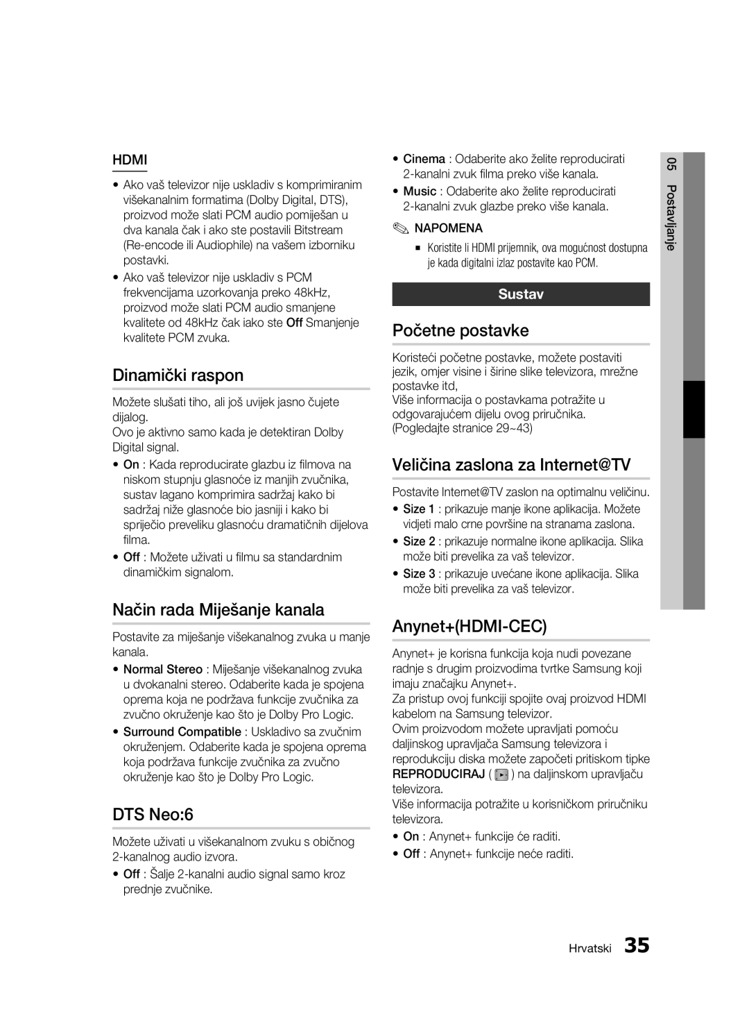 Samsung BD-C7500/EDC manual Dinamički raspon, Način rada Miješanje kanala, DTS Neo6, Početne postavke, Anynet+HDMI-CEC 