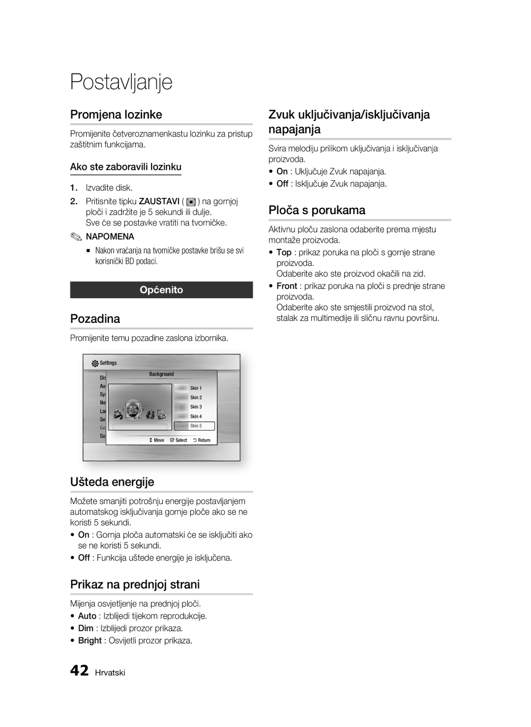 Samsung BD-C7500/EDC manual Promjena lozinke, Pozadina, Ušteda energije, Prikaz na prednjoj strani, Ploča s porukama 