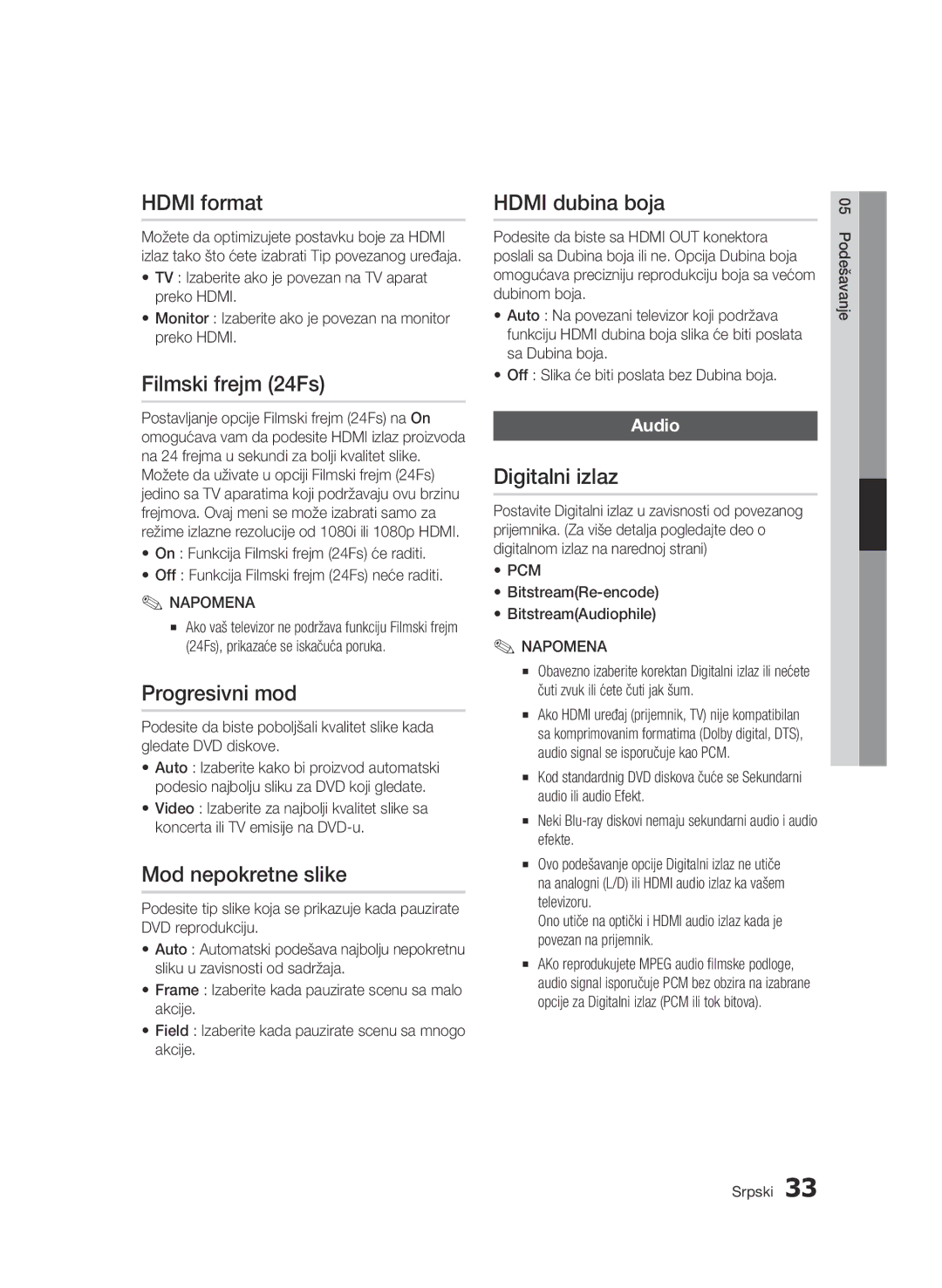 Samsung BD-C7500/EDC manual Filmski frejm 24Fs, Progresivni mod, Mod nepokretne slike, Hdmi dubina boja 