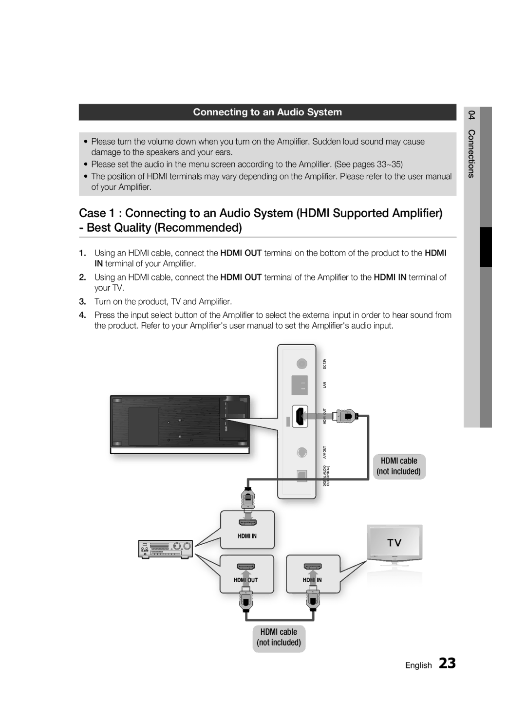 Samsung BD-C7500/XER, BD-C7500P/XER manual Connecting to an Audio System, Hdmi cable not included 