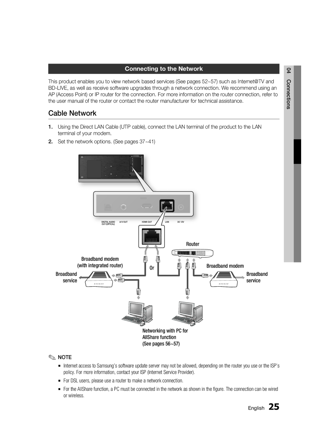 Samsung BD-C7500/XER Cable Network, Connecting to the Network, Broadband modem With integrated router, Service Router 