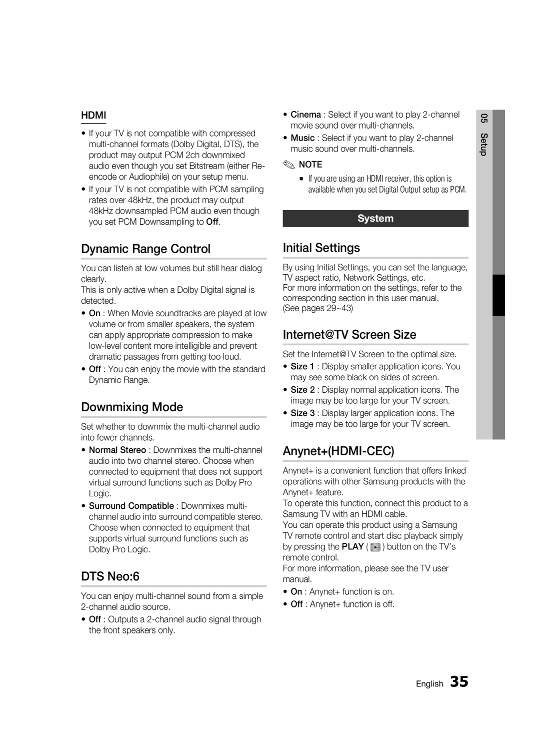 Samsung BD-C7500/XER manual Dynamic Range Control, Downmixing Mode, DTS Neo6, Initial Settings, Internet@TV Screen Size 