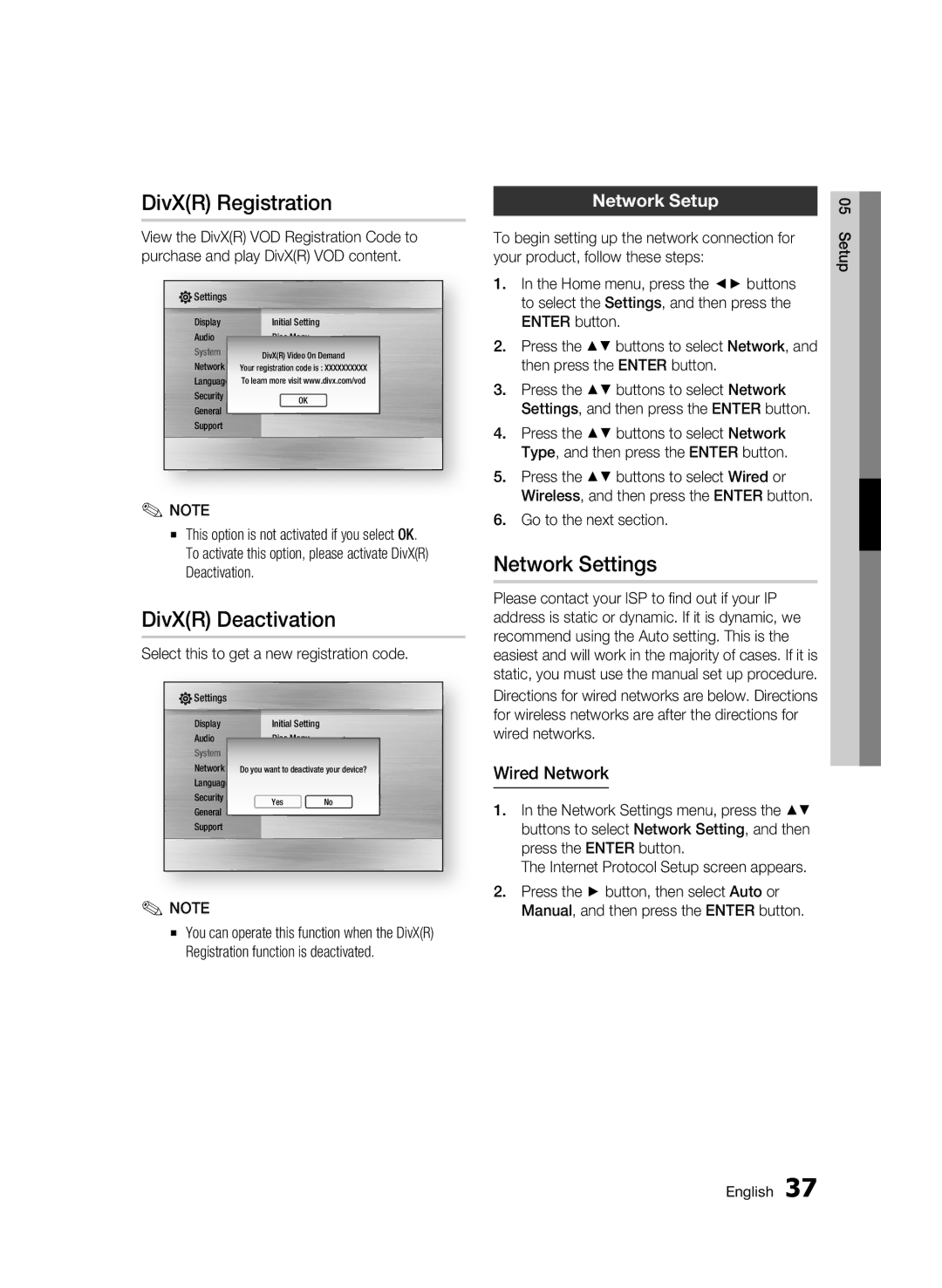 Samsung BD-C7500/XER, BD-C7500P/XER DivXR Registration, DivXR Deactivation, Network Settings, Network Setup, Wired Network 