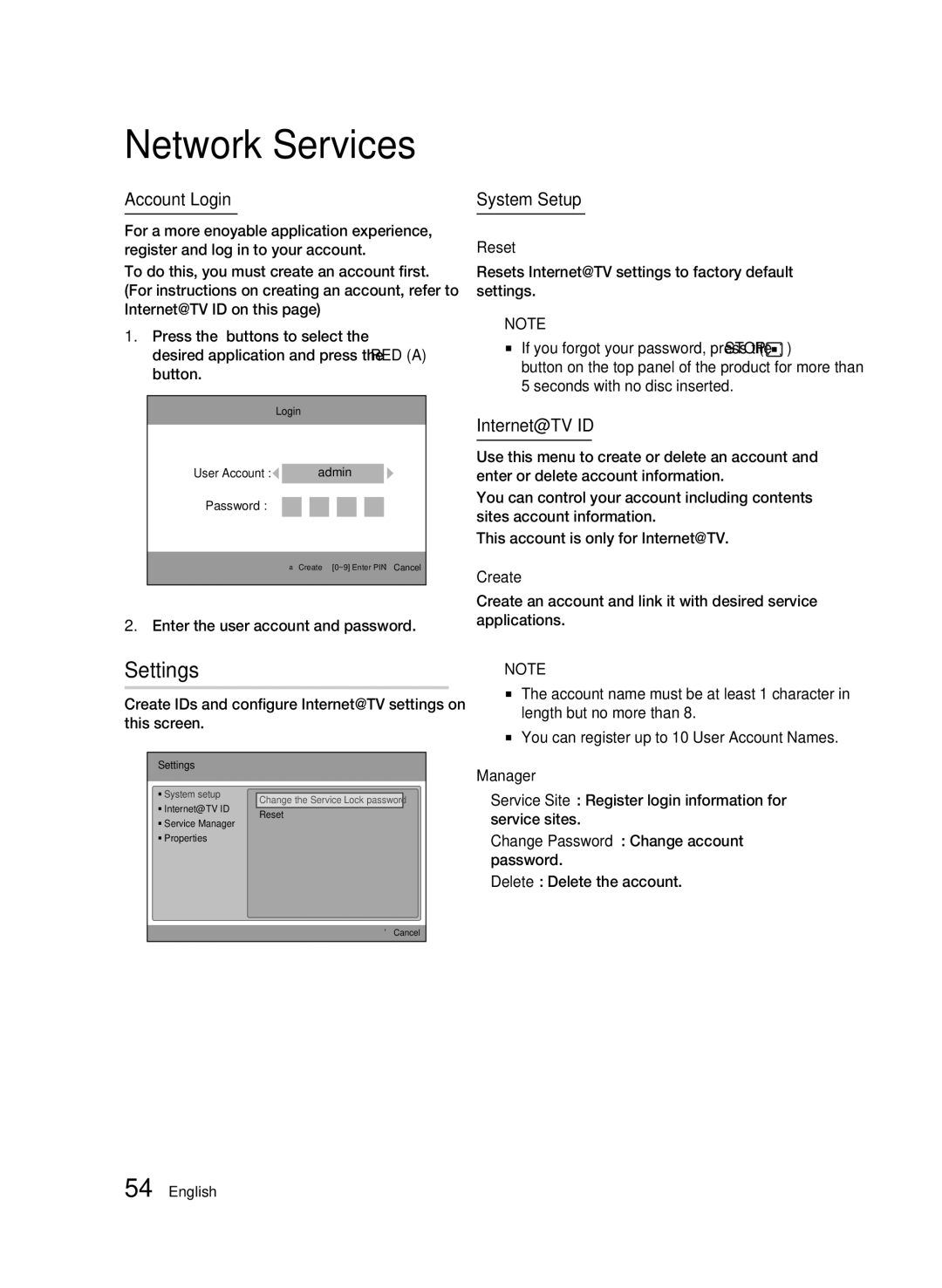 Samsung BD-C7500P/XER, BD-C7500/XER manual Settings, Account Login, System Setup, Internet@TV ID 