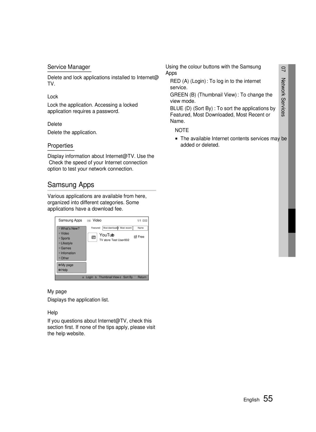 Samsung BD-C7500/XER, BD-C7500P/XER manual Samsung Apps, Service Manager, Properties 