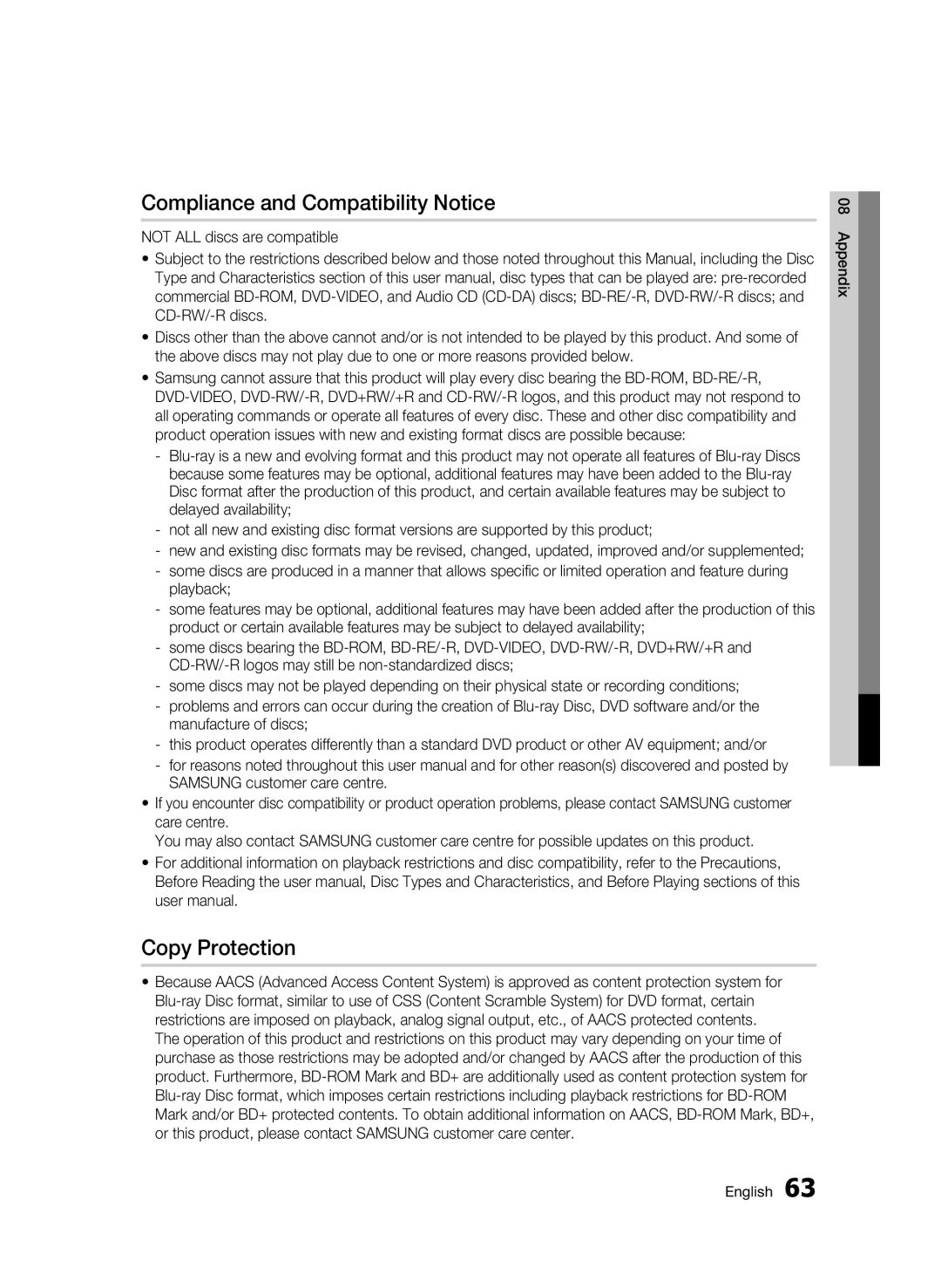 Samsung BD-C7500/XER, BD-C7500P/XER manual Compliance and Compatibility Notice, Copy Protection 