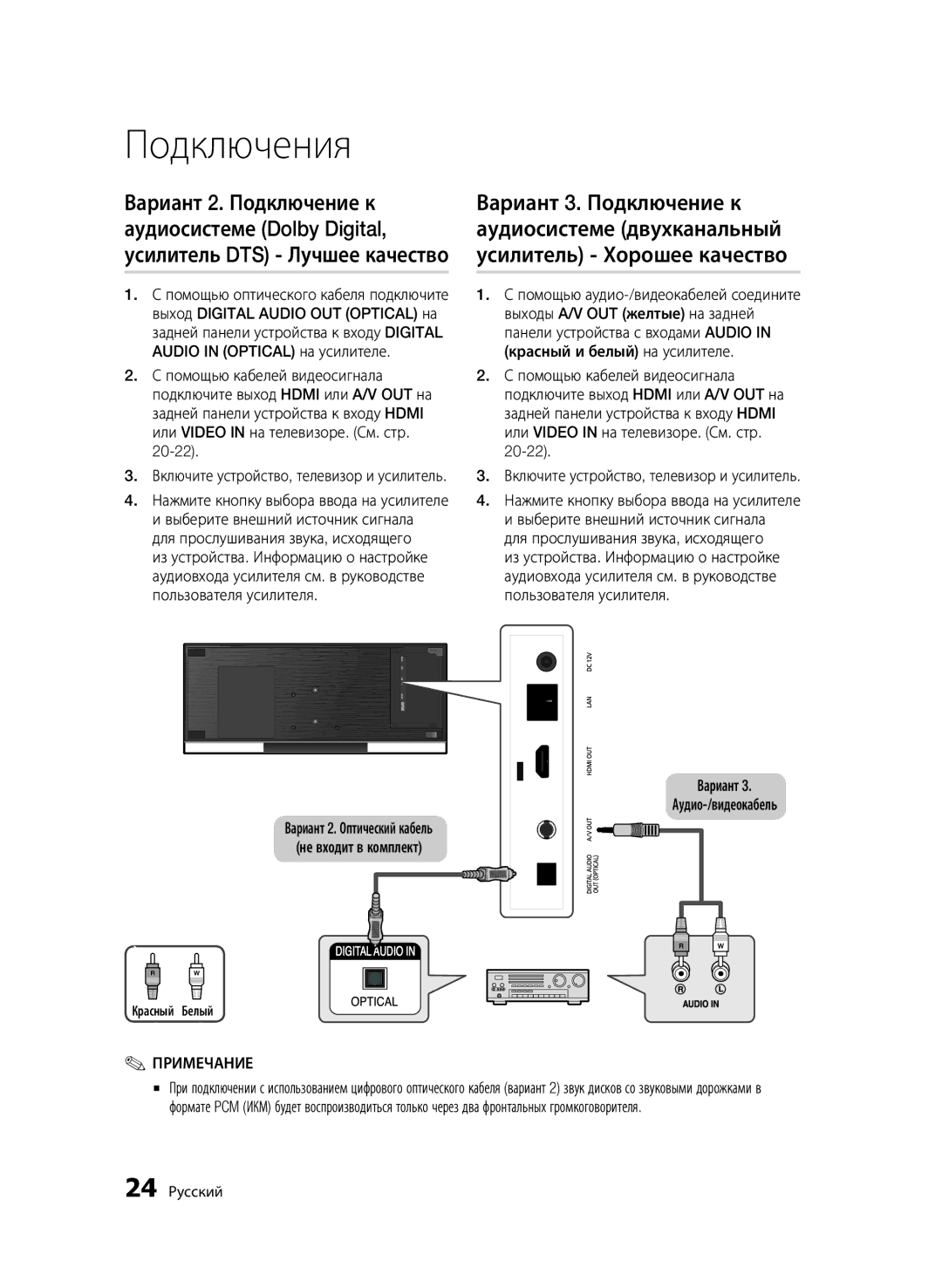 Samsung BD-C7500/XER, BD-C7500P/XER manual 20-22 Включите устройство, телевизор и усилитель, Вариант Аудио-/видеокабель 