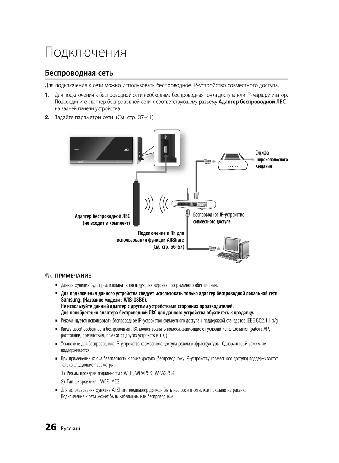 Samsung BD-C7500/XER, BD-C7500P/XER manual Беспроводная сеть, Не входит в комплект Совместного доступа 