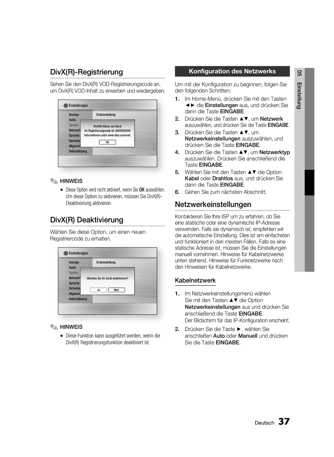 Samsung BD-C7500W/XEE manual DivXR-Registrierung, DivXR Deaktivierung, Netzwerkeinstellungen, Konfiguration des Netzwerks 