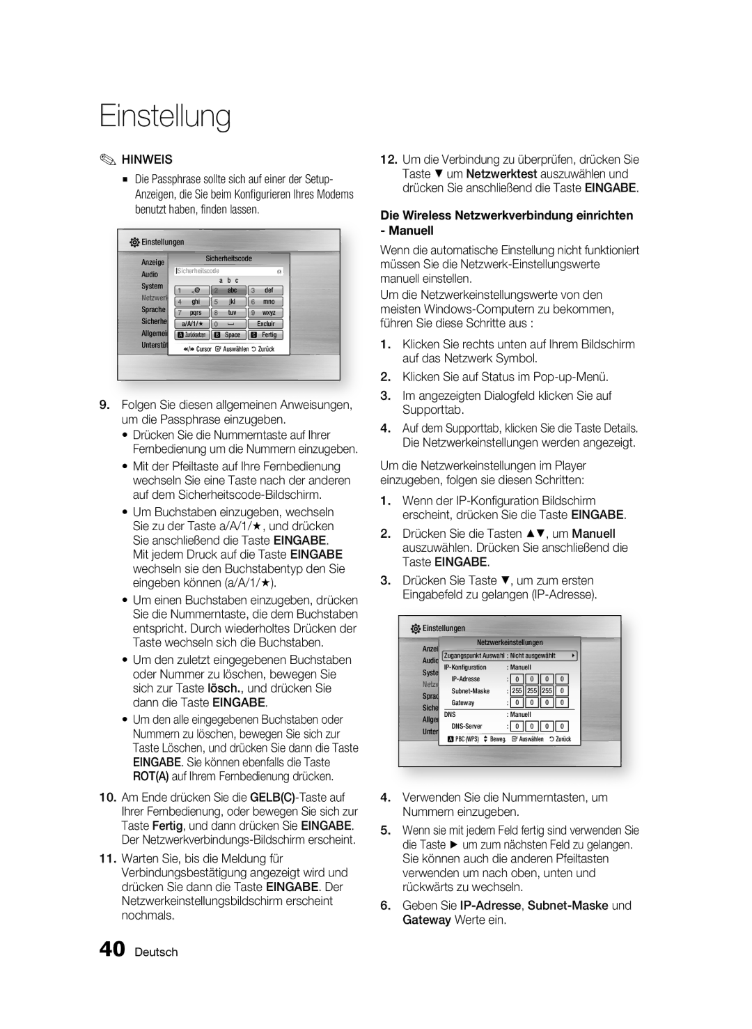 Samsung BD-C7500W/EDC, BD-C7500W/XEE manual Die Wireless Netzwerkverbindung einrichten Manuell 