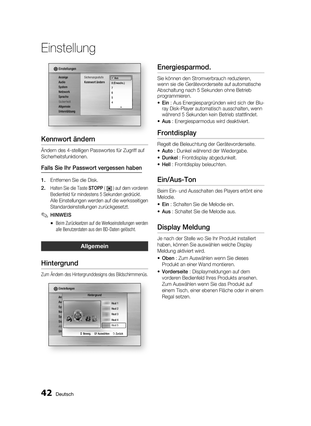 Samsung BD-C7500W/EDC manual Kennwort ändern, Hintergrund, Energiesparmod, Frontdisplay, Ein/Aus-Ton, Display Meldung 