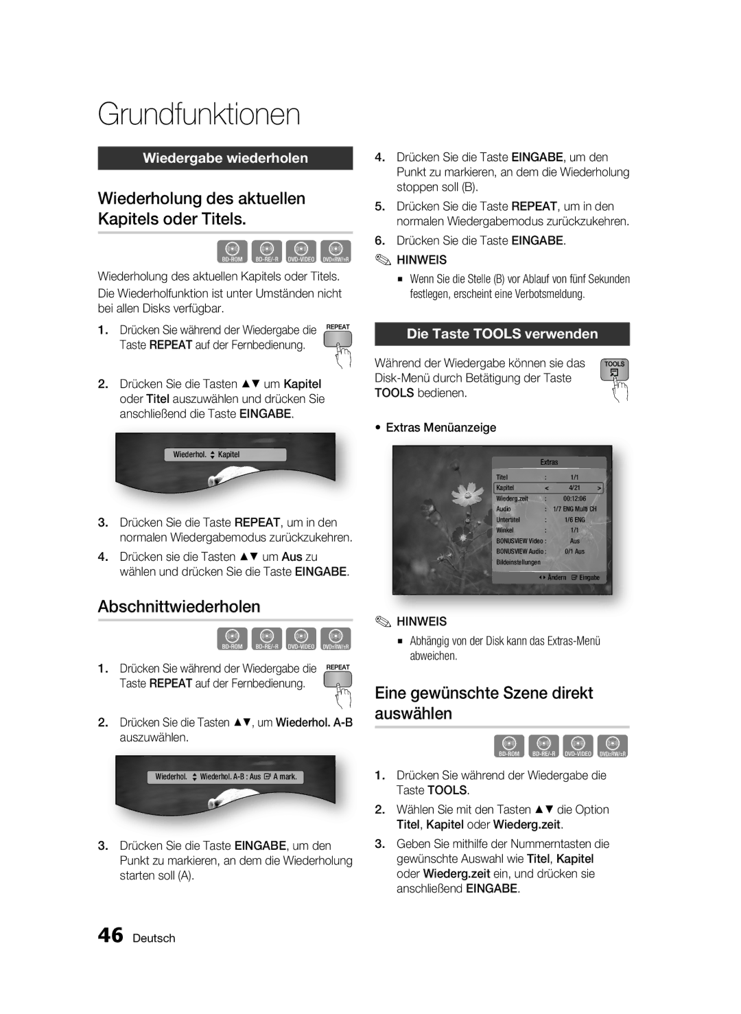 Samsung BD-C7500W/EDC manual Wiederholung des aktuellen Kapitels oder Titels, Abschnittwiederholen, Wiedergabe wiederholen 