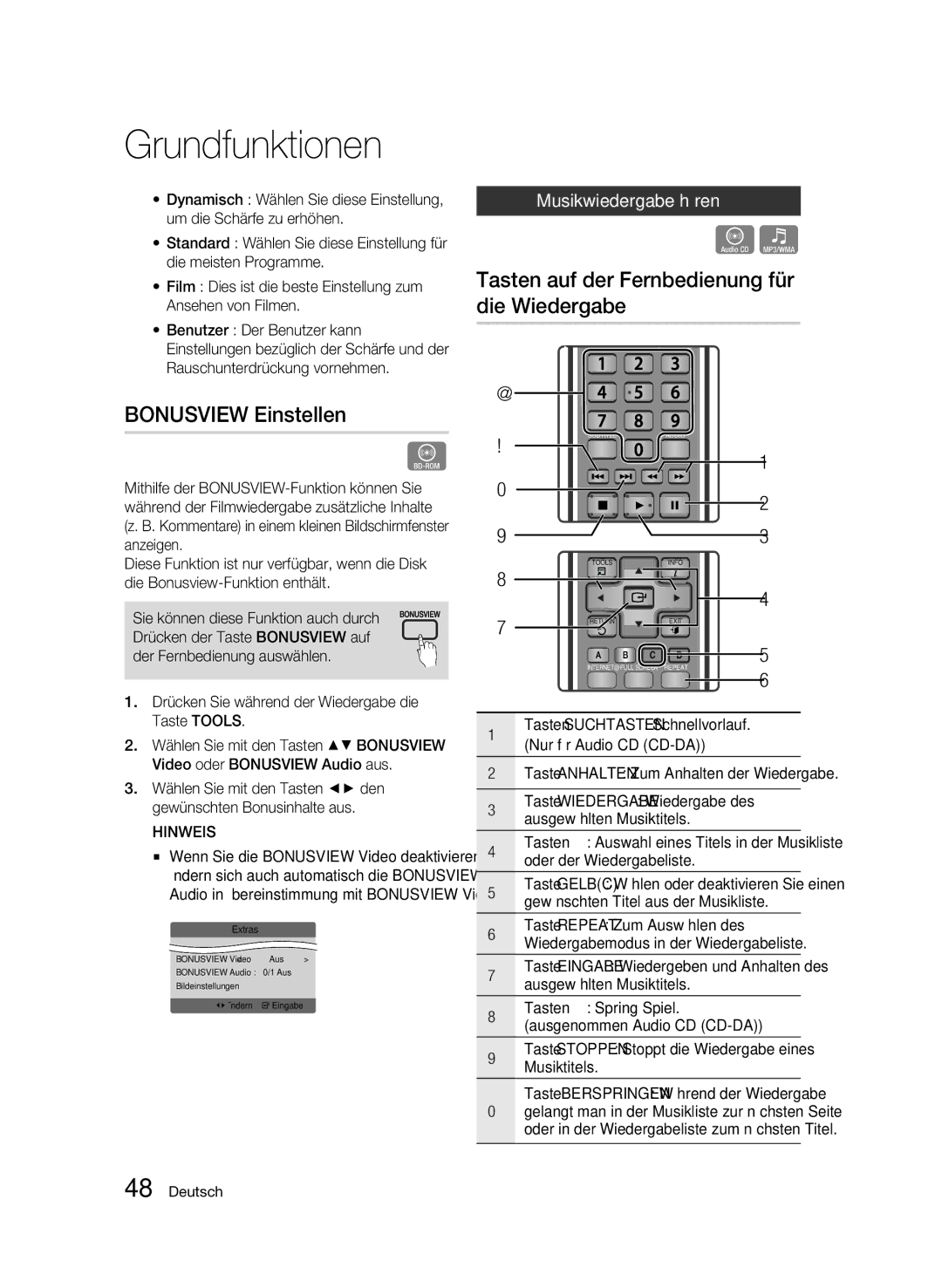 Samsung BD-C7500W/EDC manual Bonusview Einstellen, Tasten auf der Fernbedienung für die Wiedergabe, Musikwiedergabe hören 