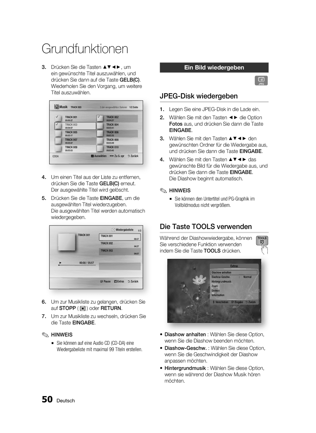 Samsung BD-C7500W/EDC, BD-C7500W/XEE manual JPEG-Disk wiedergeben, Die Taste Tools verwenden, Ein Bild wiedergeben 