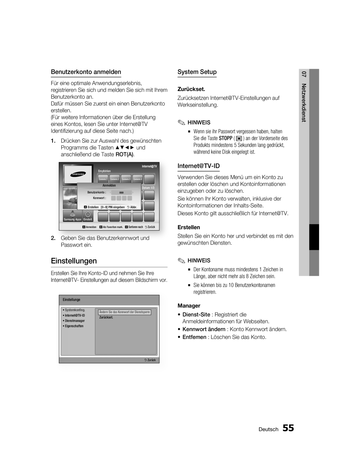 Samsung BD-C7500W/XEE, BD-C7500W/EDC manual Einstellungen, Benutzerkonto anmelden, System Setup, Internet@TV-ID 