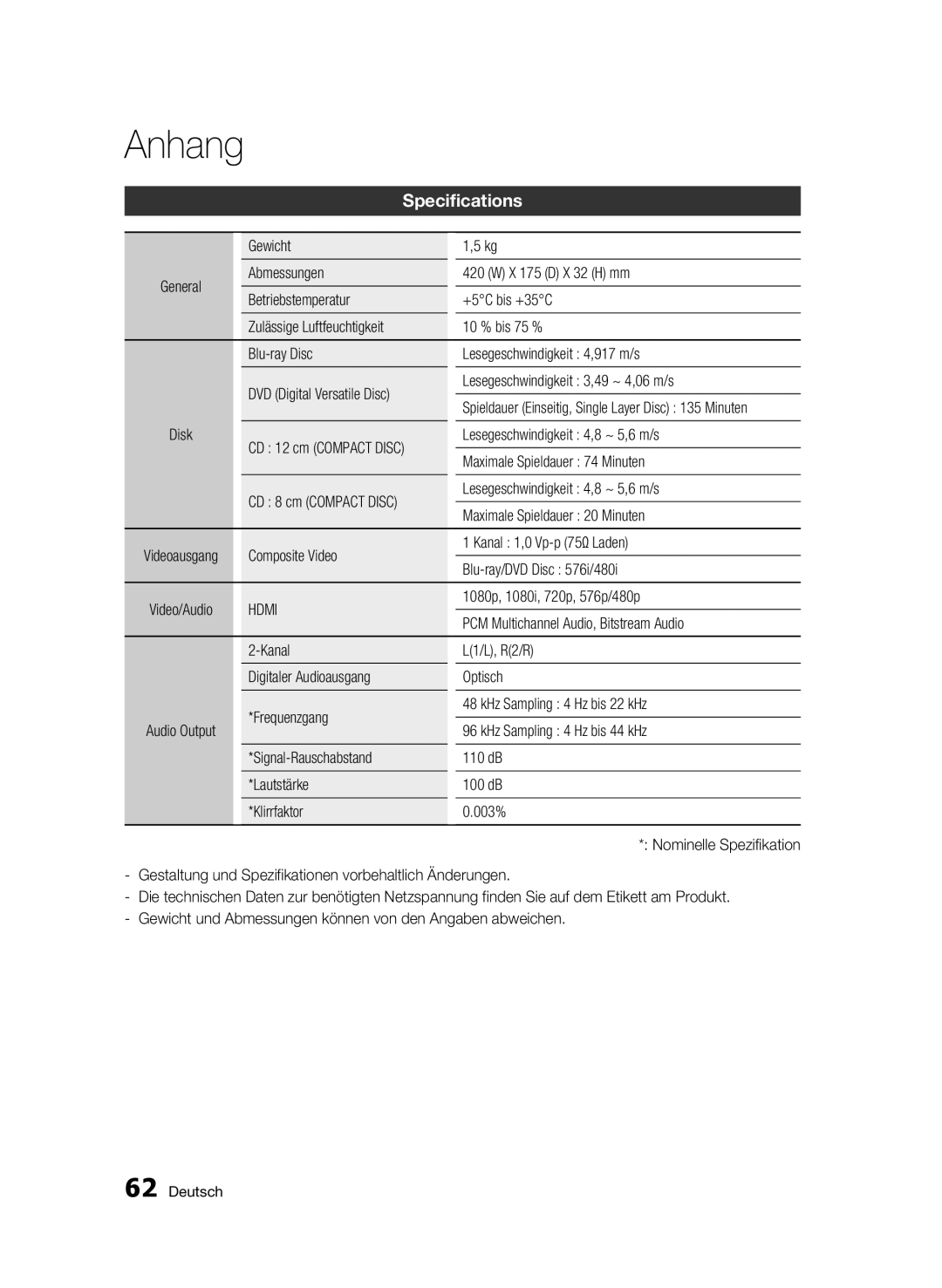 Samsung BD-C7500W/EDC, BD-C7500W/XEE manual Specifications 