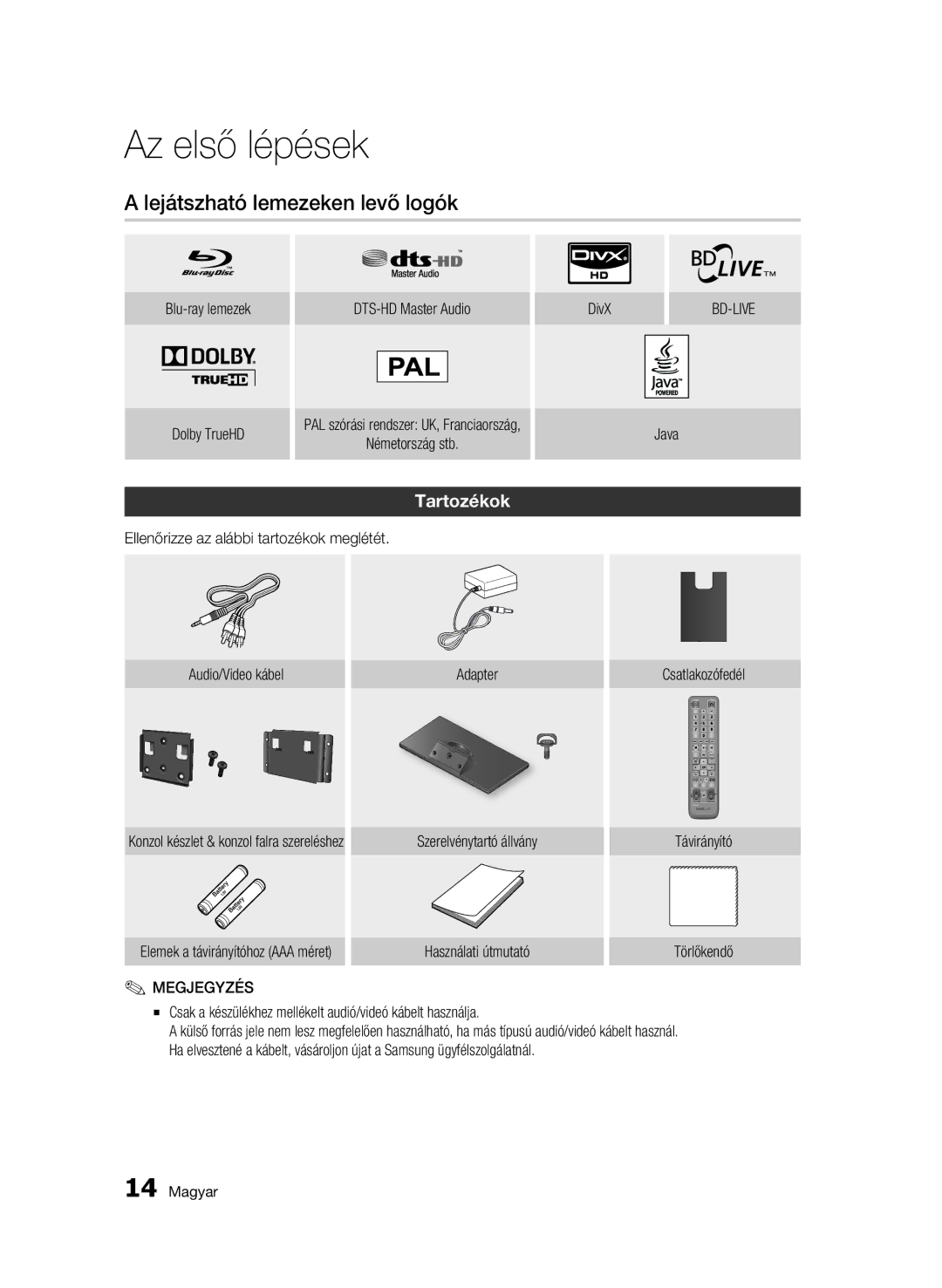 Samsung BD-C7500W/EDC manual Lejátszható lemezeken levő logók, Tartozékok, Blu-ray lemezek Dolby TrueHD DTS-HD Master Audio 