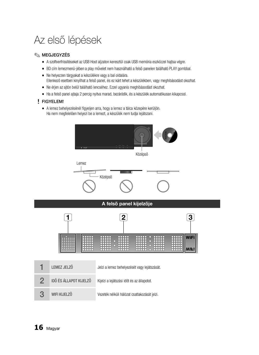 Samsung BD-C7500W/EDC, BD-C7500W/XEE manual Felső panel kijelzője, Figyelem, Középső Lemez 