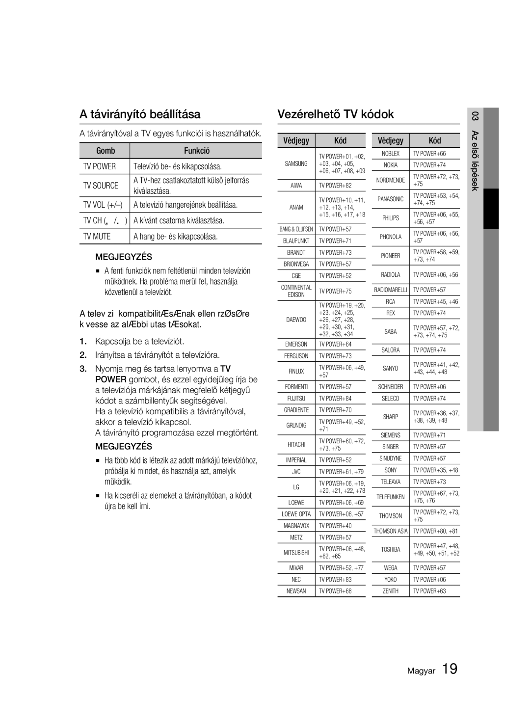 Samsung BD-C7500W/XEE, BD-C7500W/EDC manual Távirányító beállítása, Vezérelhető TV kódok 