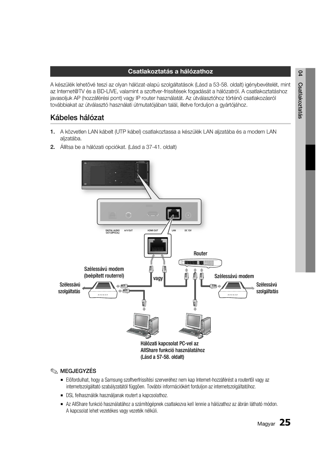 Samsung BD-C7500W/XEE, BD-C7500W/EDC manual Kábeles hálózat, Csatlakoztatás a hálózathoz, Szélessávú Szolgáltatás 