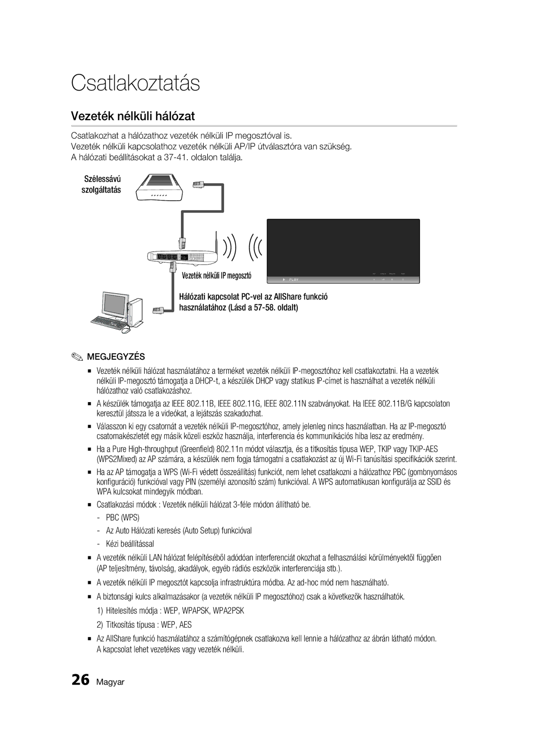 Samsung BD-C7500W/EDC, BD-C7500W/XEE manual Vezeték nélküli hálózat, Pbc Wps 