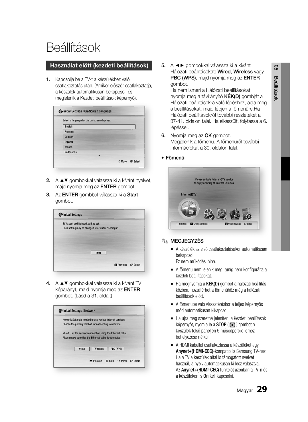 Samsung BD-C7500W/XEE manual Beállítások, Használat előtt kezdeti beállítások, Az Enter gombbal válassza ki a Start gombot 