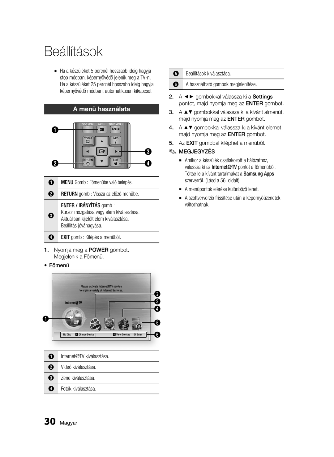 Samsung BD-C7500W/EDC manual Menü használata, Az Exit gombbal kiléphet a menüből, Kurzor mozgatása vagy elem kiválasztása 